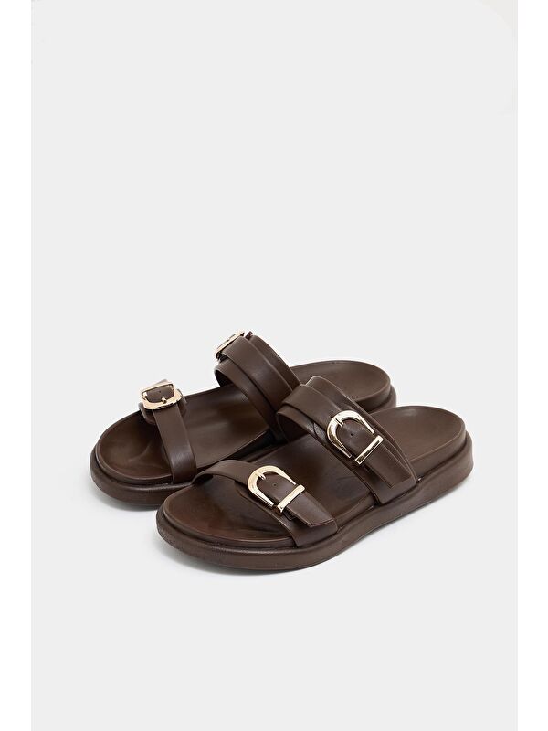 Trend Çift Tokalı Terlik Kahverengi - Görsel 5