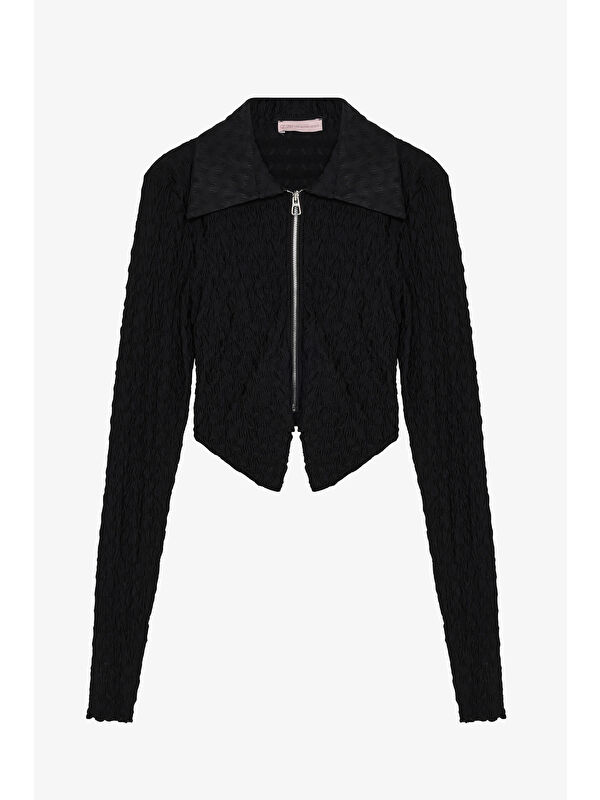 QUZU Gofre Dokulu Fermuarlı Crop Bluz Siyah