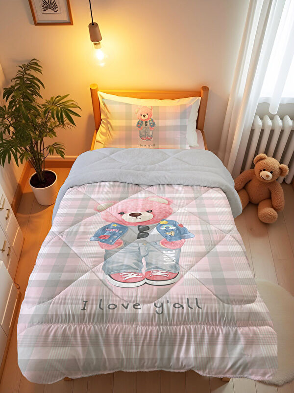 Evmila Pembe Teddy Desenli Tek Kişilik 160x220 Cm Wellsoft Çift Taraflı Silikon Yorgan Ve Uyku Seti