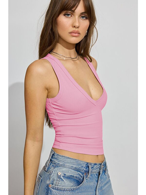 Madmext Pembe Derin V Yaka %100 Pamuklu Basic Kadın Atlet Mg2405