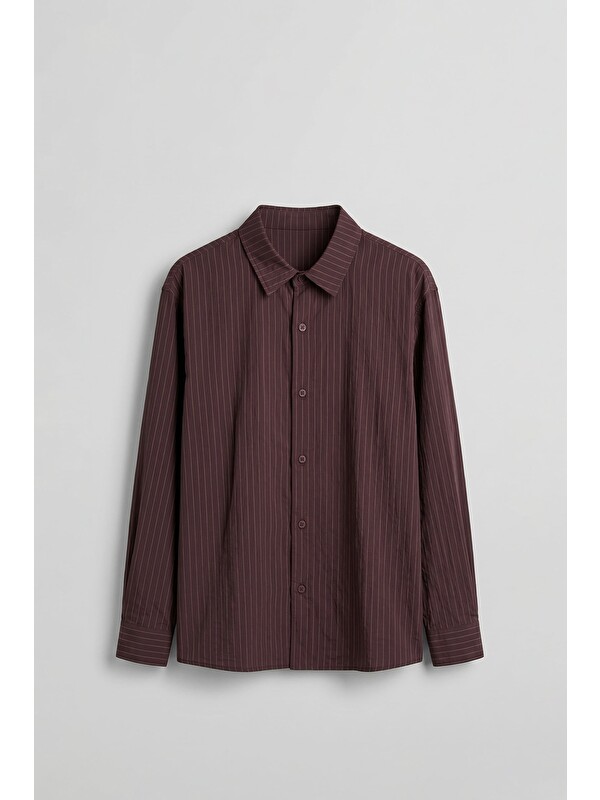 Abluka Online Erkek Oversize Çizgili Boxy Fit Uzun Kollu Gömlek Bordo