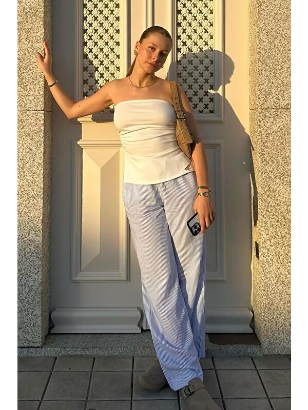Madmext Beyaz Büzgülü Streç Bandeau Top Mg2164