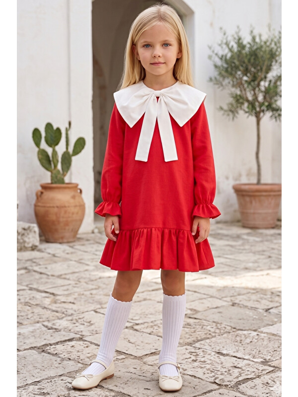 Parla Kids Kız Çocuk Yakalı Fırfırlı Keten Elbise