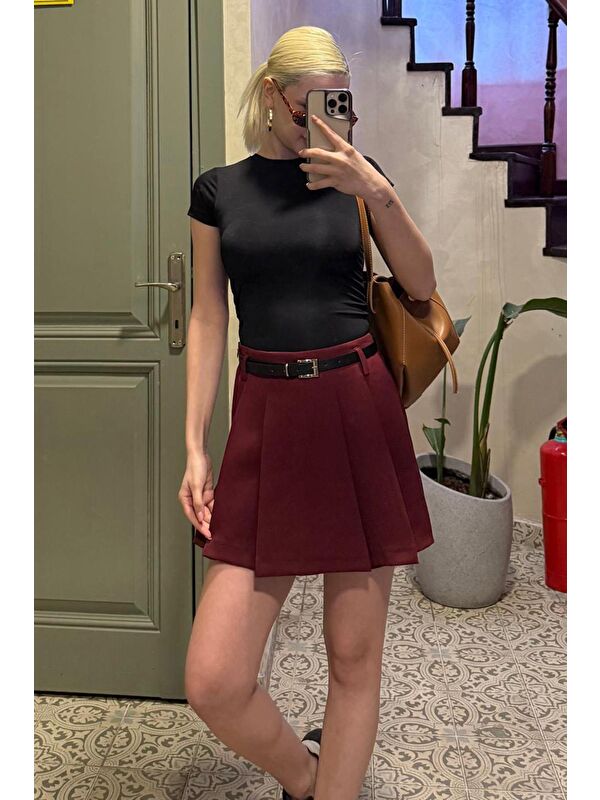 Madmext Bordo Pileli Kadın Mini Şort Etek Mg2402