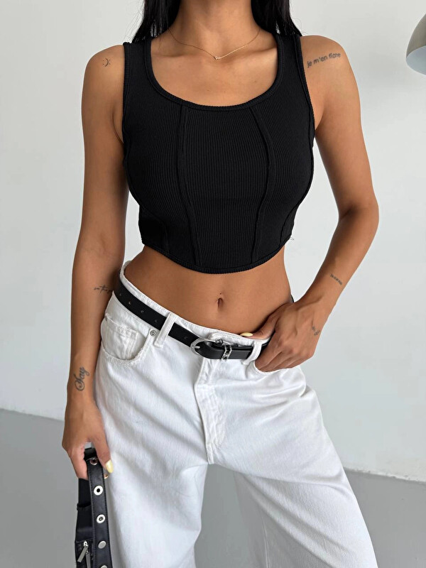 Hazelin Kadın Siyah Fitilli Kaşkorse Crop Bluz HZL25S-FRY123171