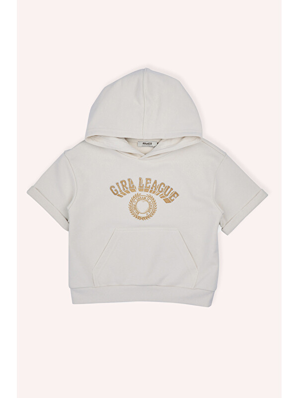 Panço Kız Çocuk Kapüşonlu Kısa Kollu Ön Bedeni Simli Nakışlı Cepli Bej Sweatshirt