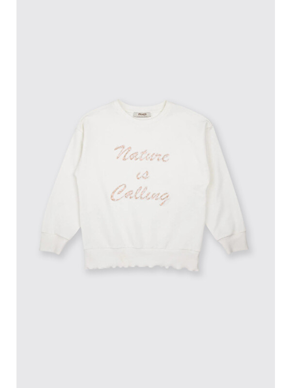 Panço Kız Çocuk Nakış Detaylı Ekru Sweatshirt