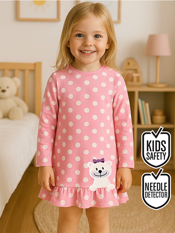 Denokids Ayıcık Kız Bebek Puantiyeli Pembe Elbise