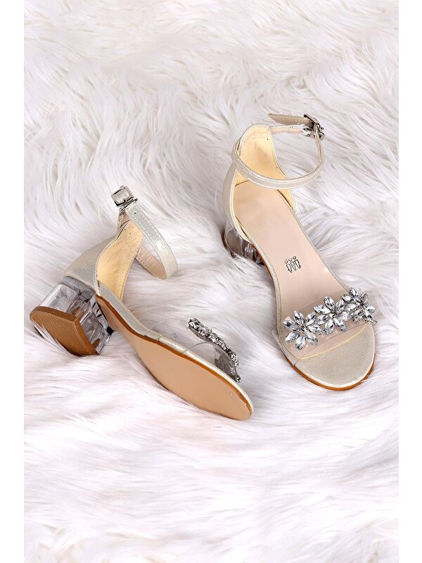 Yangu Vakko Taşlı Kız Çocuk 3 Cm Şeffaf Topuklu Sandalet Abiye Ayakkabı - Görsel 3