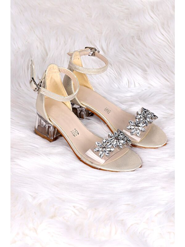 Yangu Vakko Taşlı Kız Çocuk 3 Cm Şeffaf Topuklu Sandalet Abiye Ayakkabı - Görsel 4