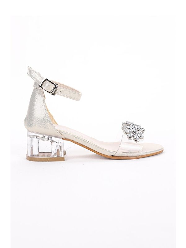 Yangu Vakko Taşlı Kız Çocuk 3 Cm Şeffaf Topuklu Sandalet Abiye Ayakkabı - Görsel 5