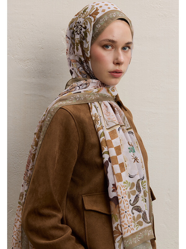 Fresh Scarfs Bella Desen İpek Krep Şal Toprak