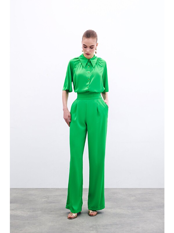 SATEEN Cepli Salaş Saten Pantolon - Açık Yeşil