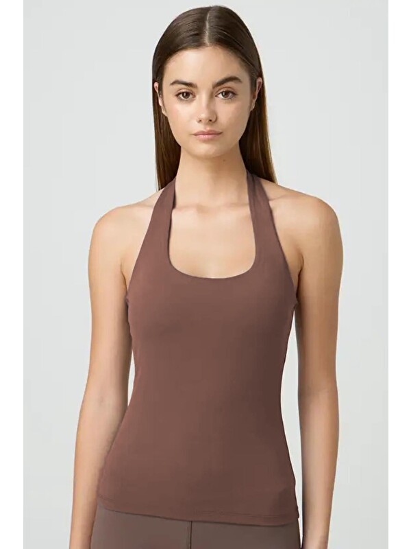 Madmext Kahverengi Halter Yaka Boyun Askılı Crop Body Mg2146
