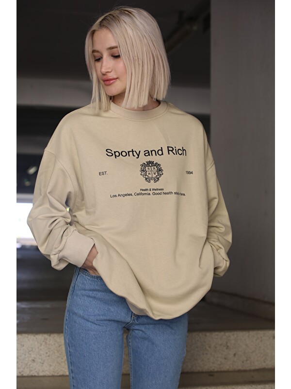 Madmext Bej Bisiklet Yaka Baskılı Oversize Kadın Sweatshirt Mg1577