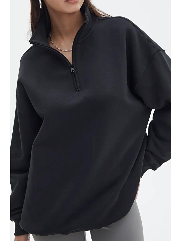 Madmext Siyah Fermuar Detaylı Oversize Sweatshirt Mg1933