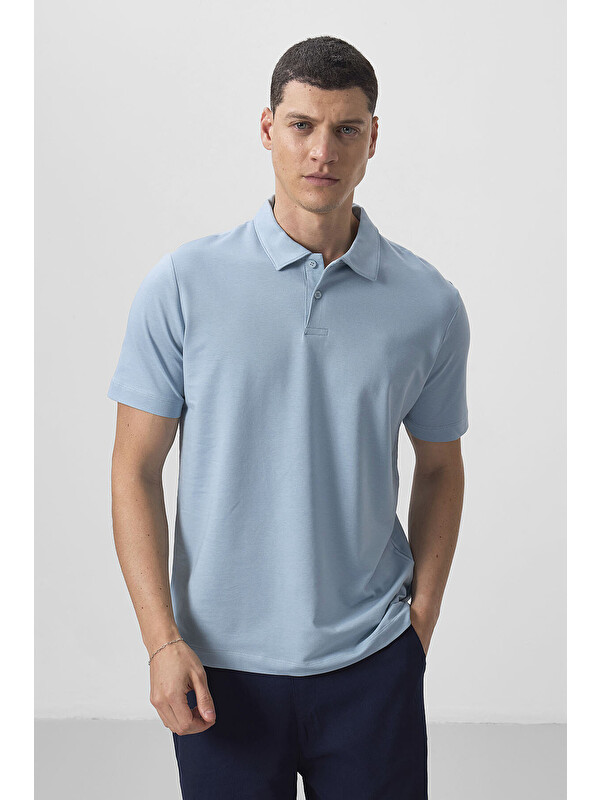 Tommylife Buz Mavi Basic Göğüs Logolu Standart Kalıp Triko Polo Yaka Erkek Tişört - 87768