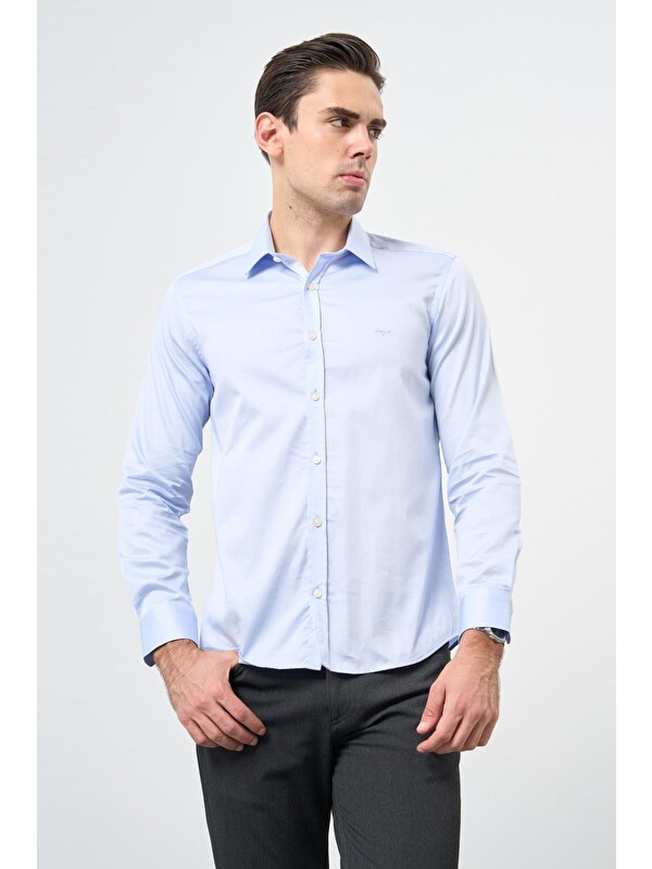 İMZA Mavi Sert Yaka Uzun Kol Cepsiz Slim Fit %100 Pamuk Gömlek 1004260324