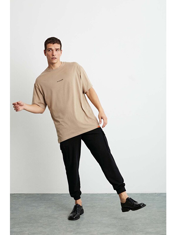 GRIMELANGE RIVER Erkek Oversize Fit Bol Kesim Nakış İşlemeli Basic Örme BEJ T-Shirt