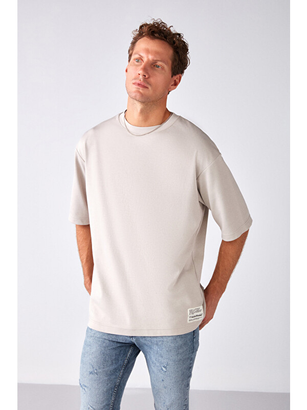 GRIMELANGE JOEL Erkek %100 Organik Pamuklu Kalın Kumaşlı Özel Dokulu Etiket Detaylı Oversize TAŞ T-Shirt