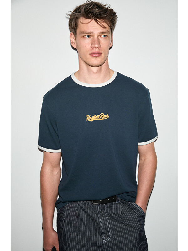 GRIMELANGE GOLONDRO Erkek %100 Organik Pamuklu Kontrast Biyeli Baskı Detaylı Regular Fit LACİVERT T-Shirt