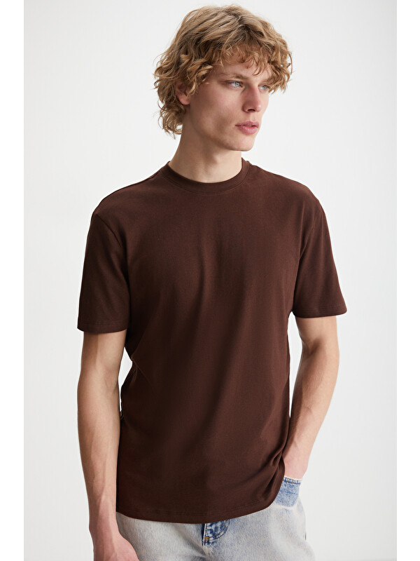 GRIMELANGE Erkek Slim Fit Dar Kesim %100 Organik Pamuklu Yana Kayan Dikişli Basic Örme ACI KAHVE T-Shir