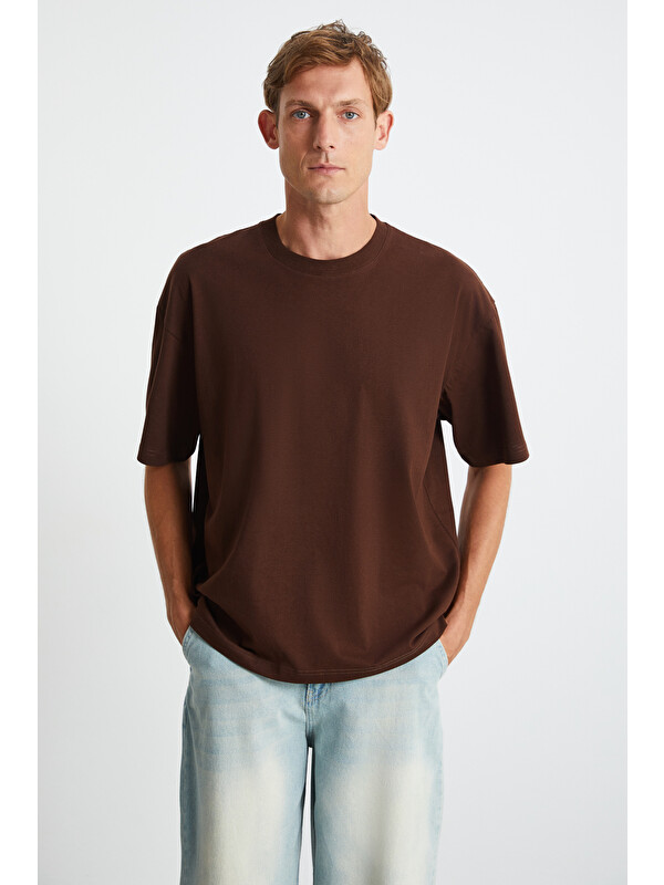 GRIMELANGE JETT Erkek Oversize Fit %100 organik Pamuk Kalın Dokulu Bisiklet Yakalı ACI KAHVE T-Shirt