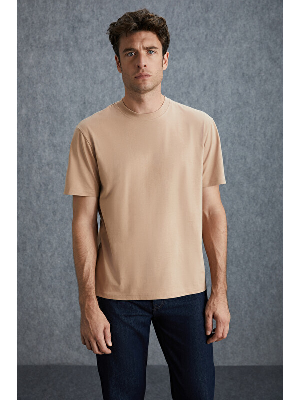 GRIMELANGE Solo Erkek %100 Organik Pamuklu Kalın Dokulu Comfort Fit Bisiklet Yakalı BEJ T-Shirt