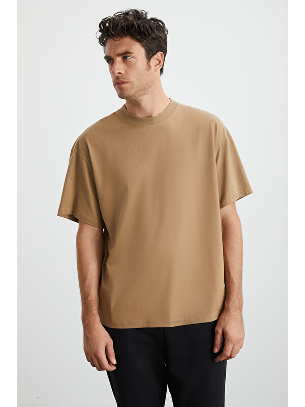GRIMELANGE Erkek Oversize Fit %100 organik Pamuk Kalın Dokulu Bisiklet Yakalı VİZON Tişört