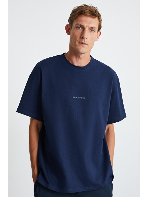 GRIMELANGE RIVER Erkek Oversize Fit Bol Kesim Nakış İşlemeli Basic Örme LACİVERT Tişört