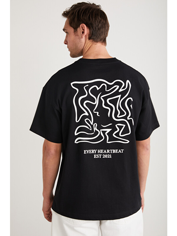 GRIMELANGE RICO Erkek %100 Pamuklu Önü Ve Arkası Baskılı Bisiklet Yaka Kısa Kollu Oversize SİYAH T-Shirt