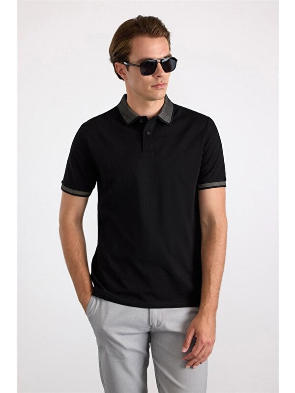 Süvari Siyah Regular Düz Baskısız Pike Polo Yaka Tişört