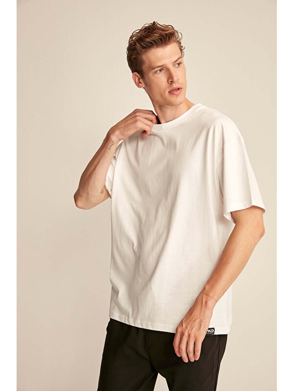 GRIMELANGE JETT Erkek Oversize Fit %100 organik Pamuk Kalın Dokulu Bisiklet Yakalı BEYAZ T-Shirt