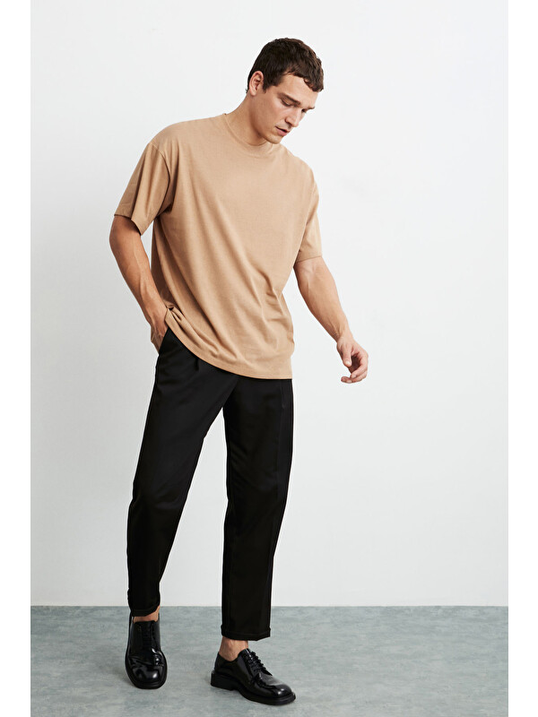 GRIMELANGE JETT Erkek Oversize Fit %100 organik Pamuk Kalın Dokulu Bisiklet Yakalı KAHVERENGİ T-Shirt