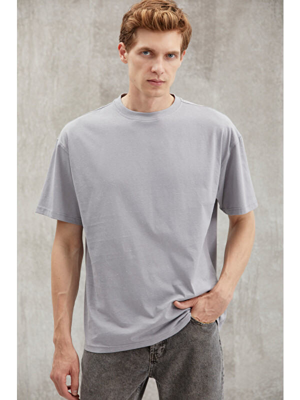 GRIMELANGE STERLING Erkek Oversize Fit Yagmur Damlacıklı Görüntülü Özel Dokulu GRİ T-Shirt