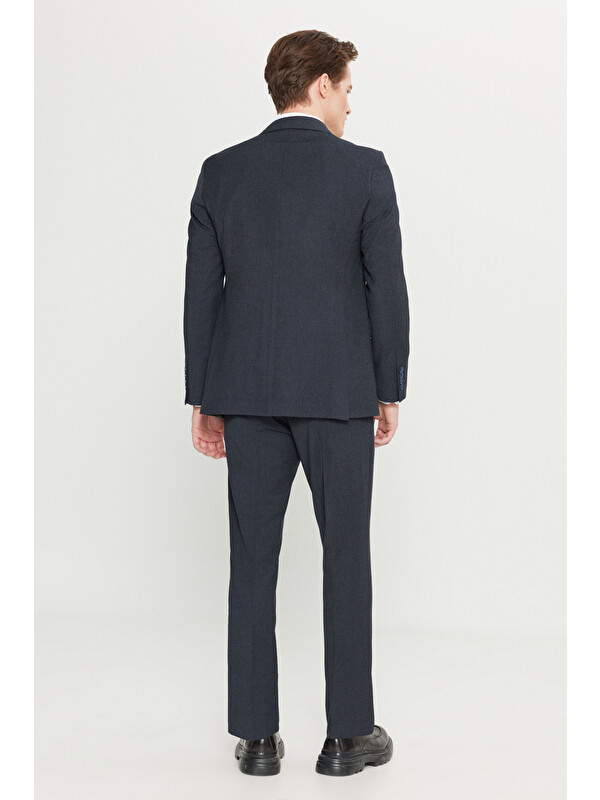Altınyıldız Classics Erkek Lacivert Slim Fit Dar Kesim Mono Yaka Kapak Cepli Desenli Esnek Takım Elbise