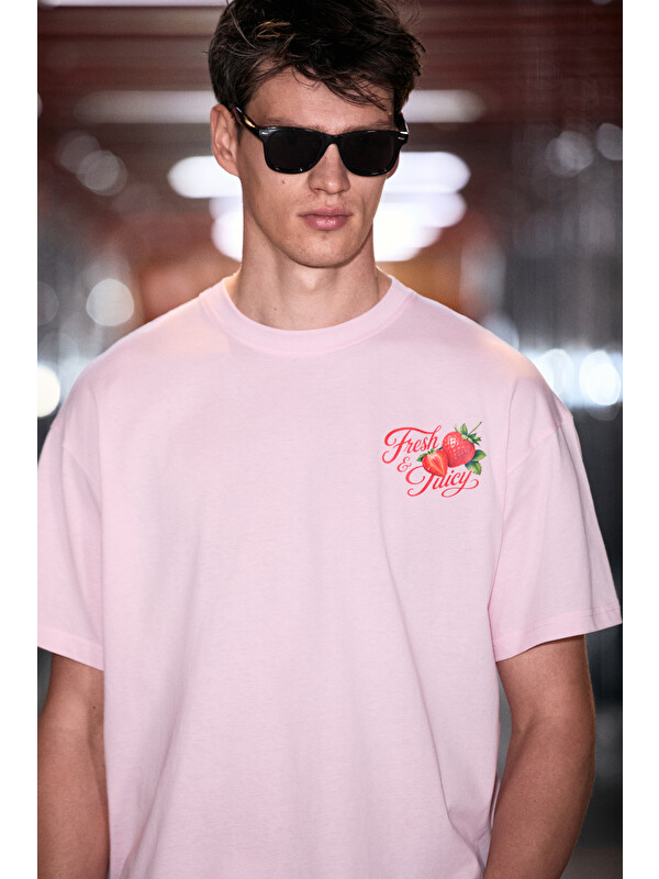 GRIMELANGE FILIERO Erkek %100 Organik Pamuklu Baskı Detaylı Yuvarlak Yaka Regular Fit PEMBE T-Shirt