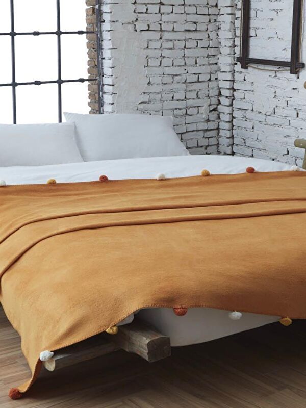 Dolce Bonita Home Tek Kişilik Ponponlu Pike Battaniye 150x200 Hardal