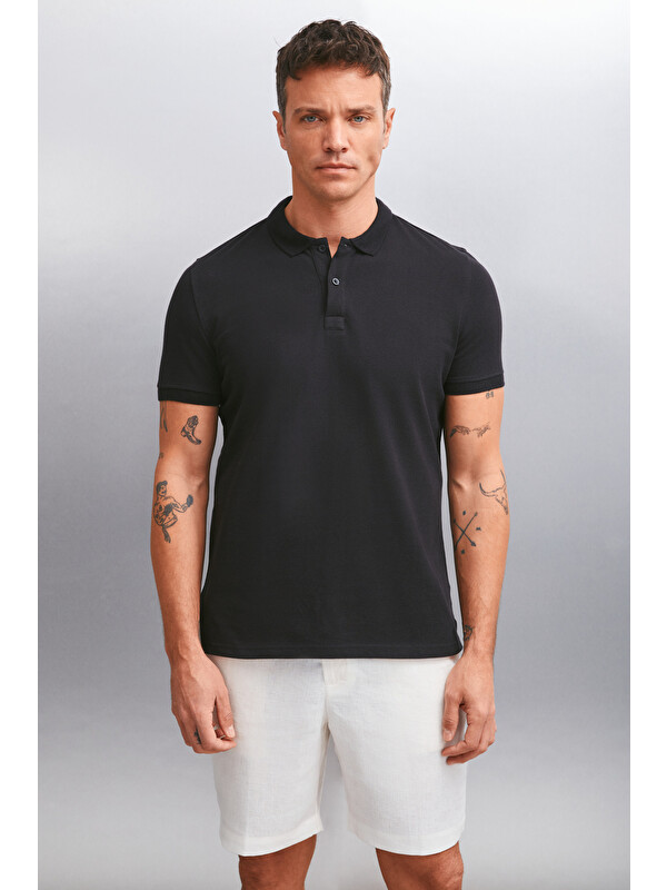 GRIMELANGE MARTEN Erkek %100 Pamuk Kısa Kollu Regular Fit SİYAH Polo Yaka T-shirt