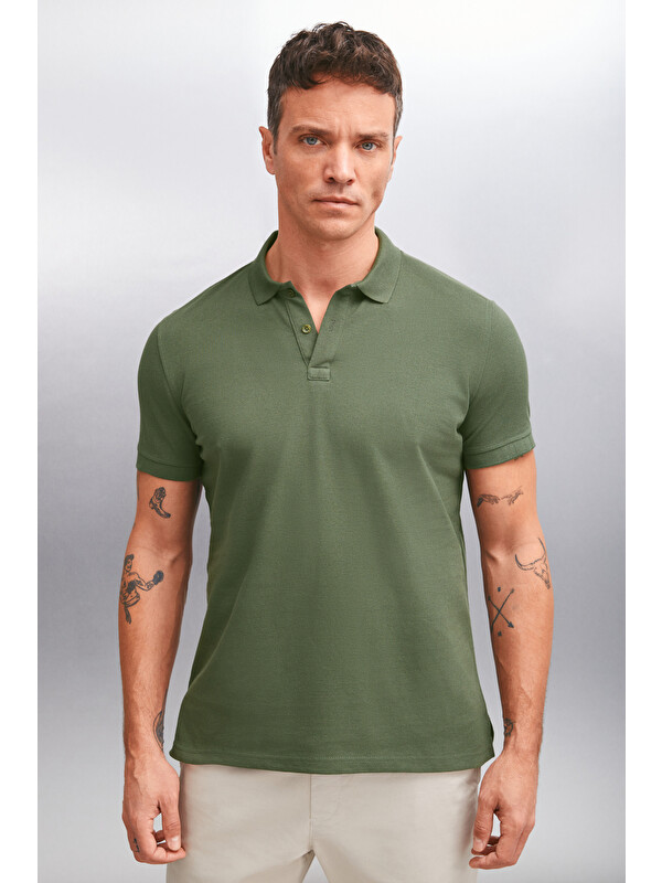 GRIMELANGE MARTEN Erkek %100 Pamuk Kısa Kollu Regular Fit HAKİ Polo Yaka T-shirt