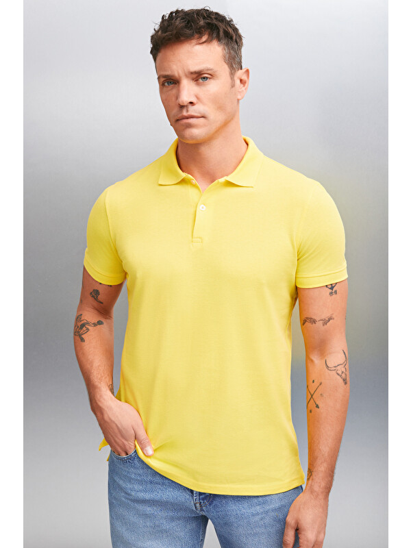 GRIMELANGE MARTEN Erkek %100 Pamuk Kısa Kollu Regular Fit SARI Polo Yaka T-shirt