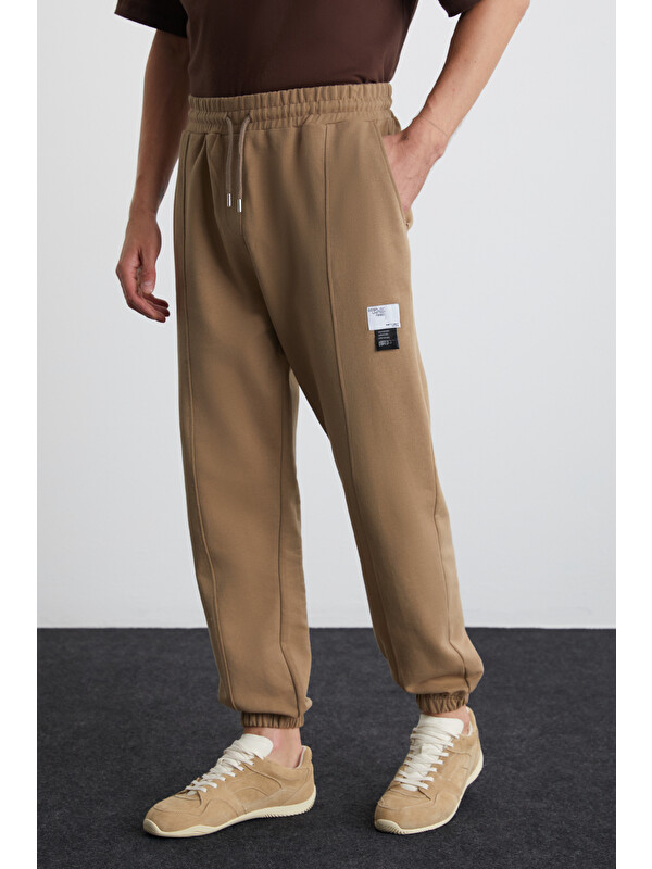 GRIMELANGE ROWAN Erkek Organik Pamuklu Relaxed Fit İçi Polarlı Süs etiketli Jogger VİZON Eşofman Altı