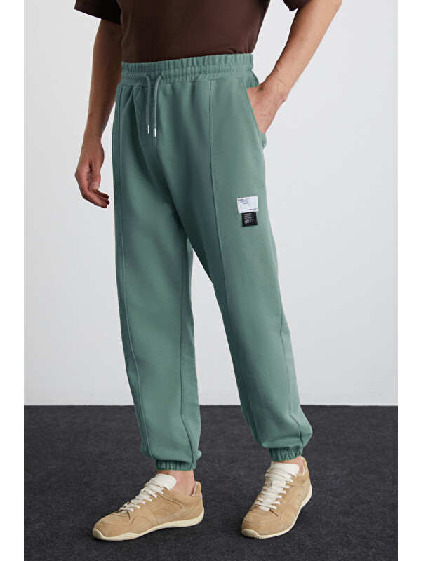 GRIMELANGE ROWAN Erkek Organik Pamuklu Relaxed Fit İçi Polarlı Süs etiketli Jogger YEŞİL Eşofman Altı