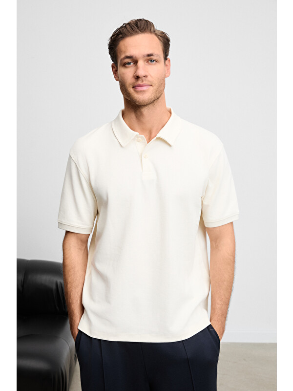 GRIMELANGE MINNUTU Erkek Organik Pamuklu Polo Yakalı Regular Fit EKRU T-Shirt
