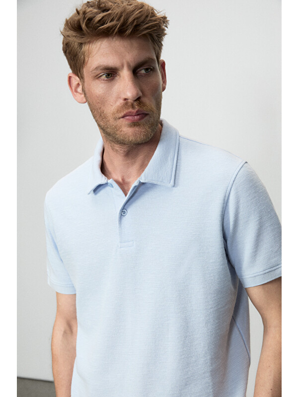 GRIMELANGE MINNUTU Erkek Organik Pamuklu Polo Yakalı Regular Fit MAVİ T-Shirt