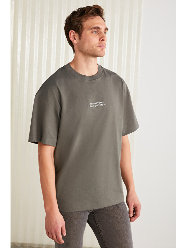 GRIMELANGE VITO Erkek %100 Organik Pamuklu Nakış Yazı Detaylı Oversize Bol Kesim Kısa Kollu GRİ T-Shirt