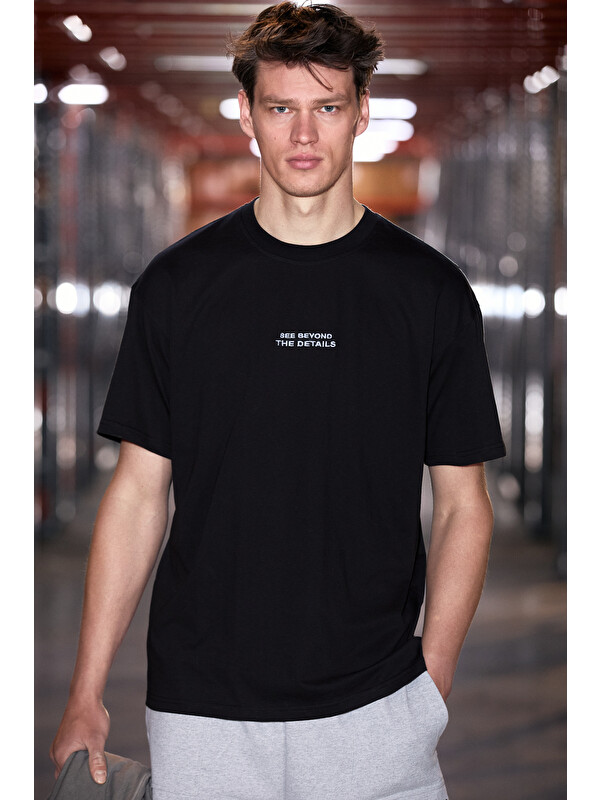 GRIMELANGE VITO Erkek %100 Organik Pamuklu Nakış Yazı Detaylı Oversize Bol Kesim Kısa Kollu SİYAH T-Shirt
