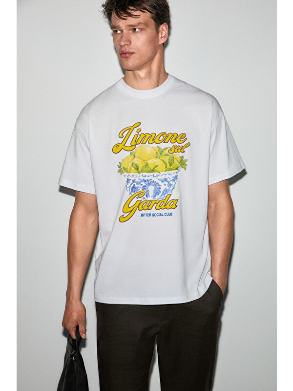 GRIMELANGE GUARDIANO Erkek %100 Organik Pamuklu Baskı Detaylı Rahat Kalıp BEYAZ T-Shirt