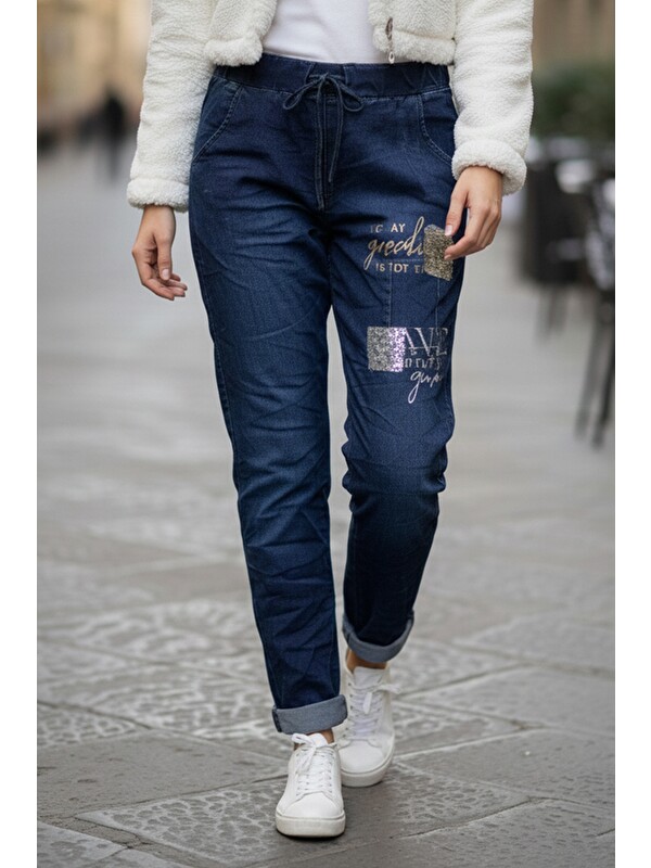 Chiccy İtalyan Jean Mavisi Cepli Varak Baskılı Lastikli Ve Bağlamalı Bel Elastan Denim Pantolon 100 55