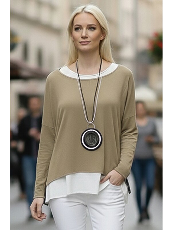 Chiccy Bej Havuz Yaka Uzun Kol İnce İkili Set Kolyeli Casual Oversize Triko Bluz 70 74